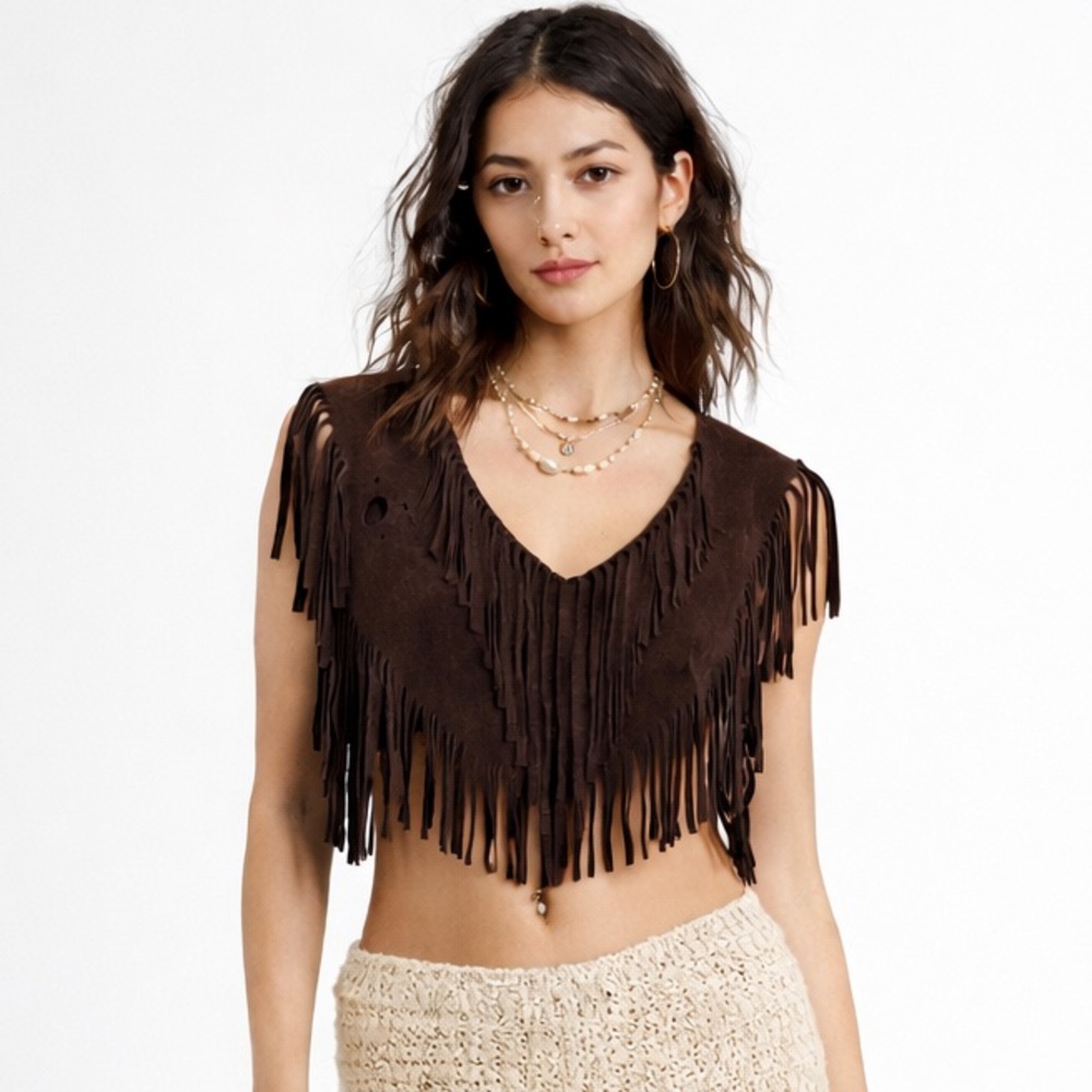 Chocolate brown suede fringe pop over cropped vest/poncho. One size.